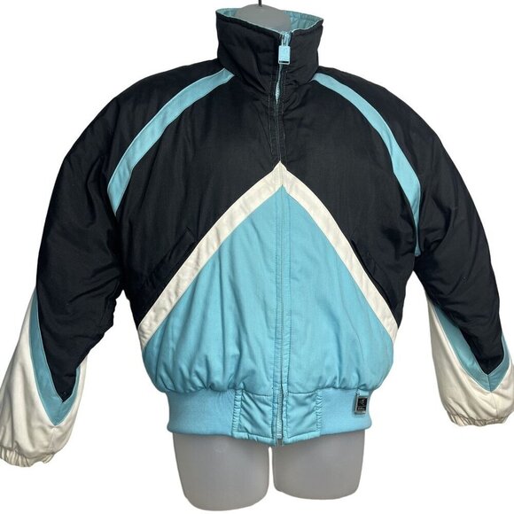 VTG Downhill Racer Jacket Ski Down Fill 80s Puffer Color Block Size M Teal Black - Picture 1 of 12